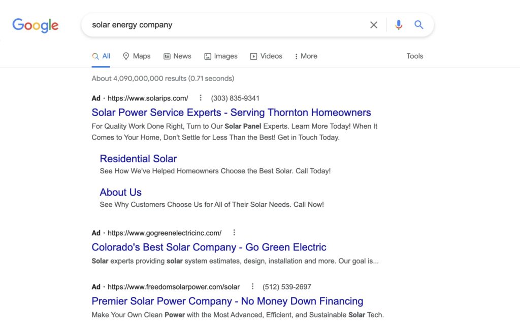 screenshot of Google search results page with paid ads for solar energy company