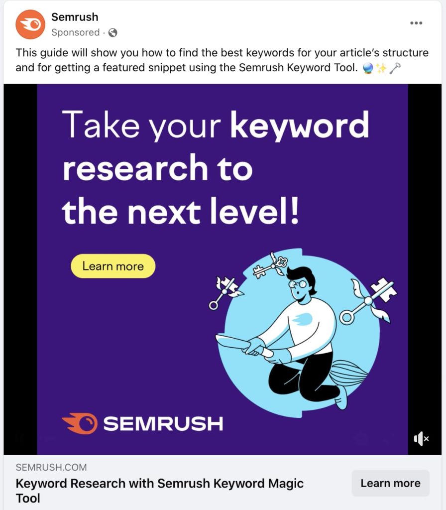 screenshot of a social media ad for Semrush in a Facebook feed