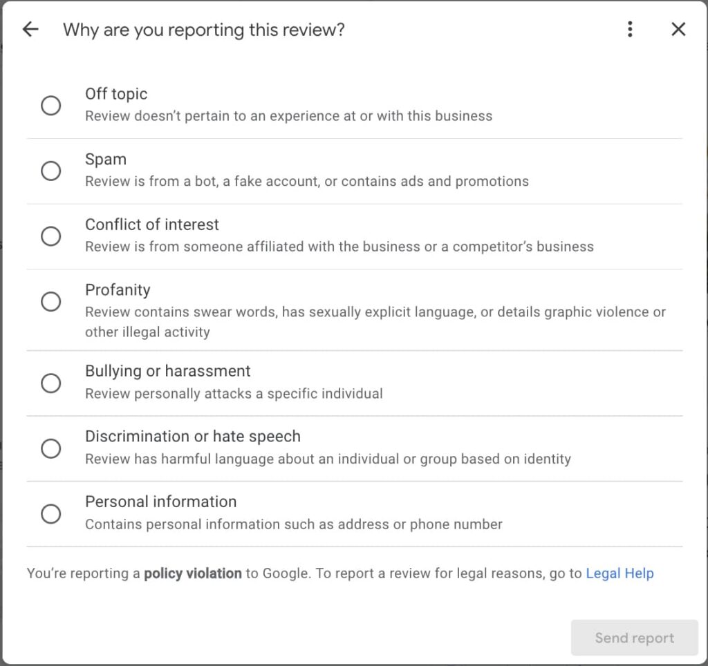 Screenshot of Google Business Profile's reporting process for reviews | Twelve Three Media