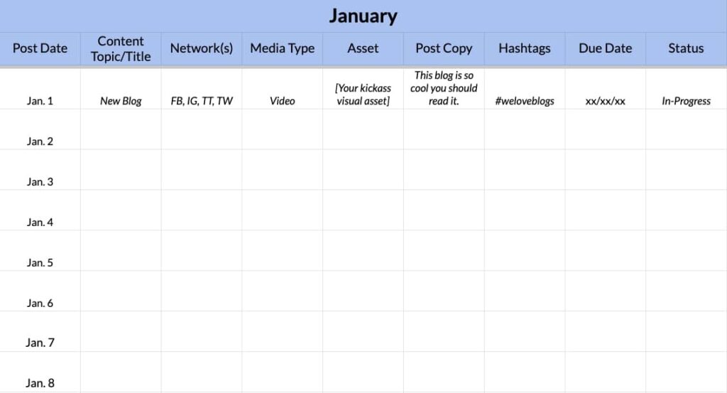 Sample social media content calendar | Twelve Three Media