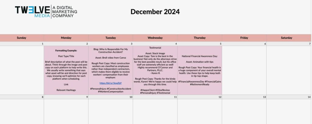 Social media content calendar from Twelve Three Media