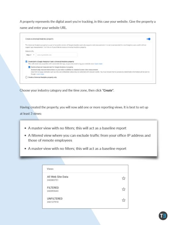 Screenshots of Google Analytics property set up