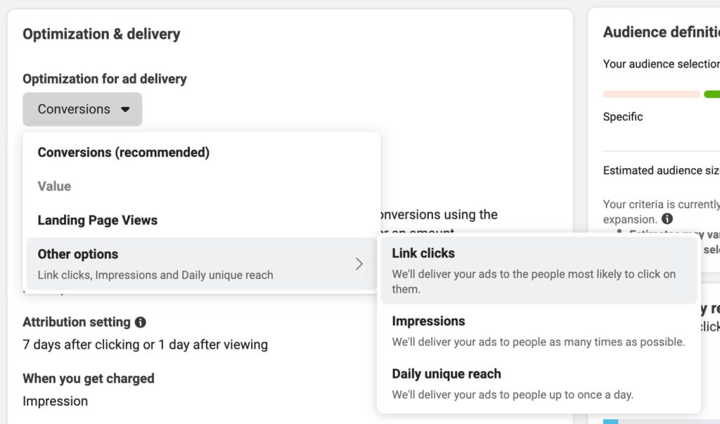 screenshot of Facebook ad optimization and delivery