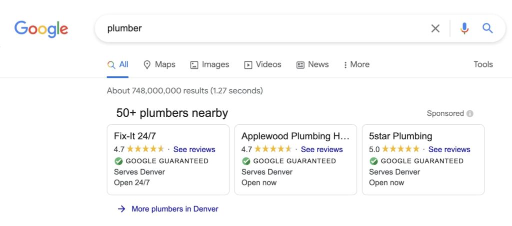 screenshot of Google Guaranteed Local Services Ads