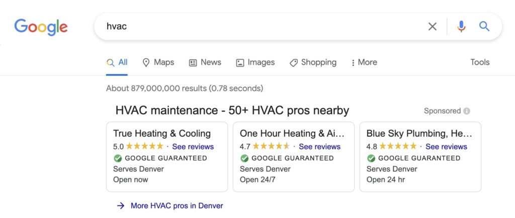 Google search results for Local Services Ads screenshot