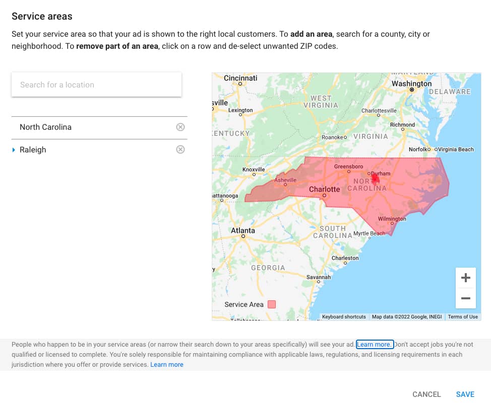 screenshot of geographical targeting for Google Local Services Ads