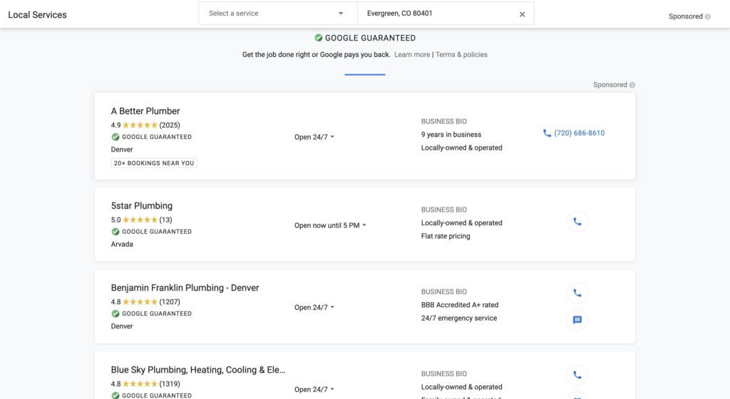 screenshot of Google Local Services Ads search results