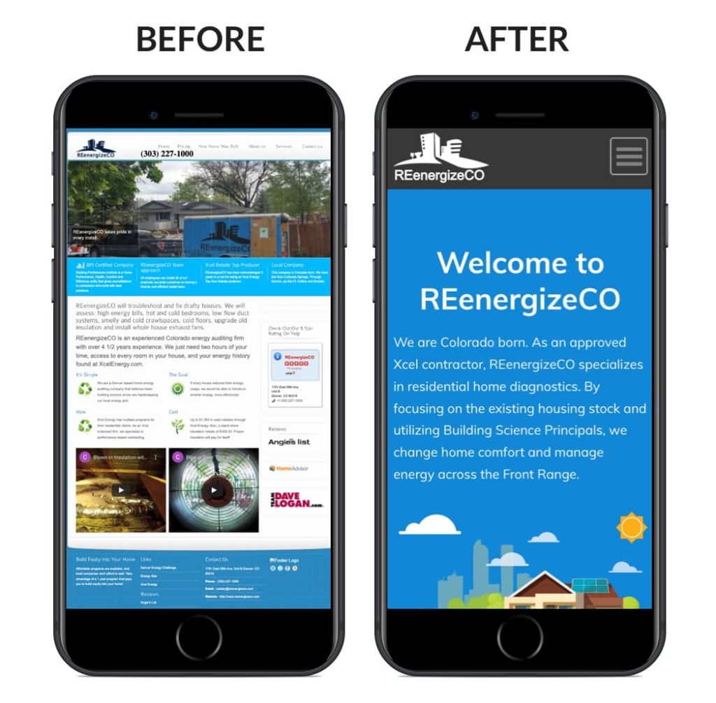 website on mobile phone before and after a redesign