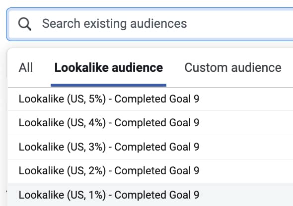 screenshot of lookalike audience creation for Facebook ads