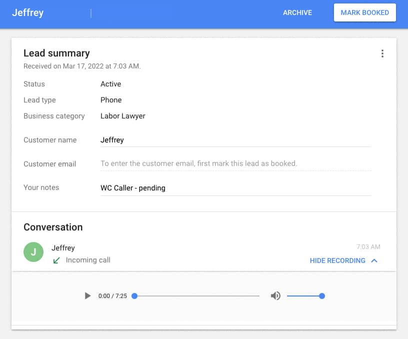 screenshot of a Google Local Services Ads call summary