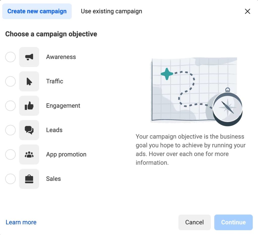 screenshot of objectives when creating a Facebook ad campaign