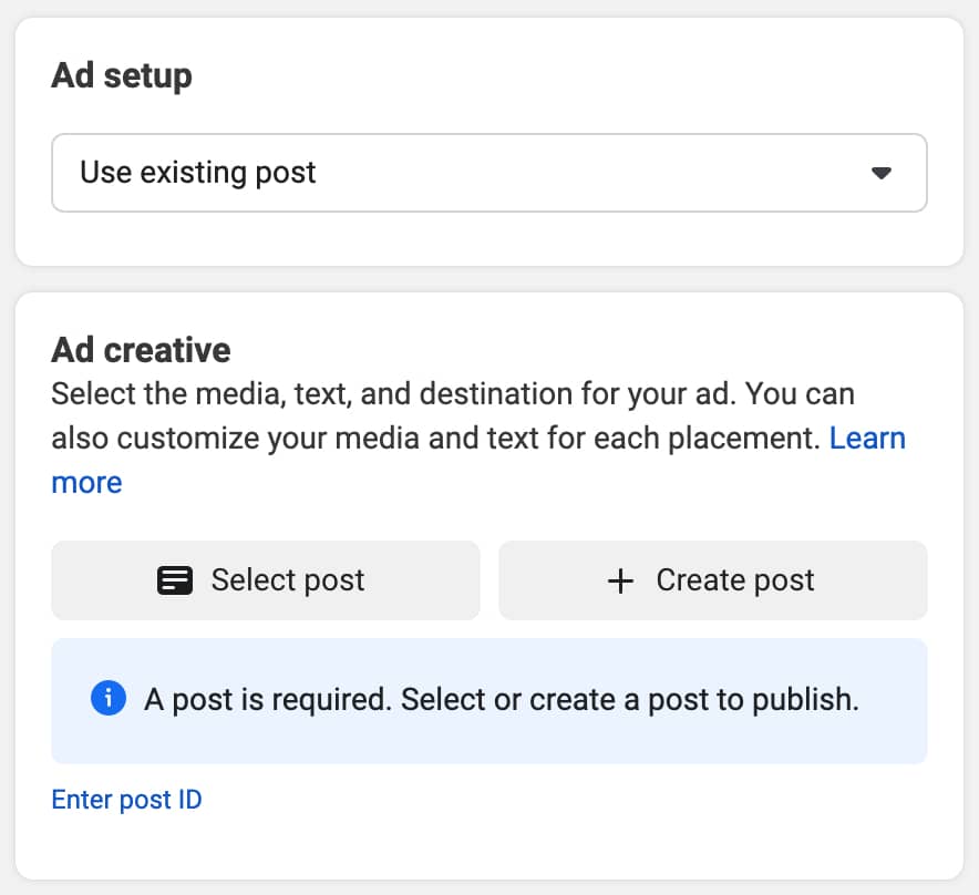 screenshot of Facebook ad setup using an existing social post