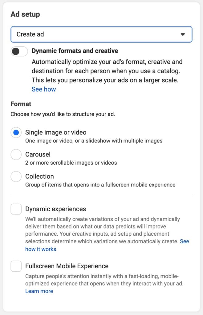 screenshot of ad setup and Facebook ad options