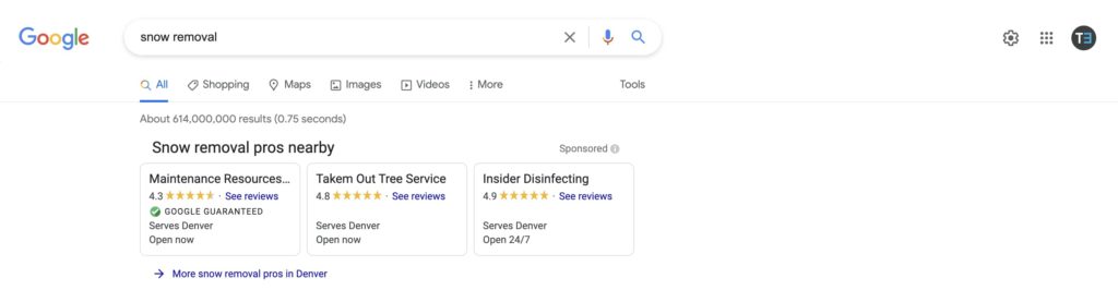 screenshot of star ratings for Google Local Services Ads search results