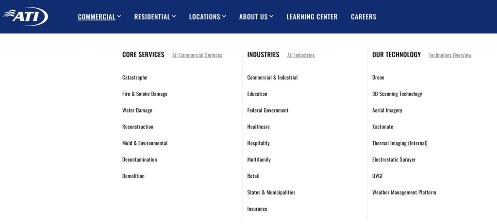 screenshot of redesigned menus on a website