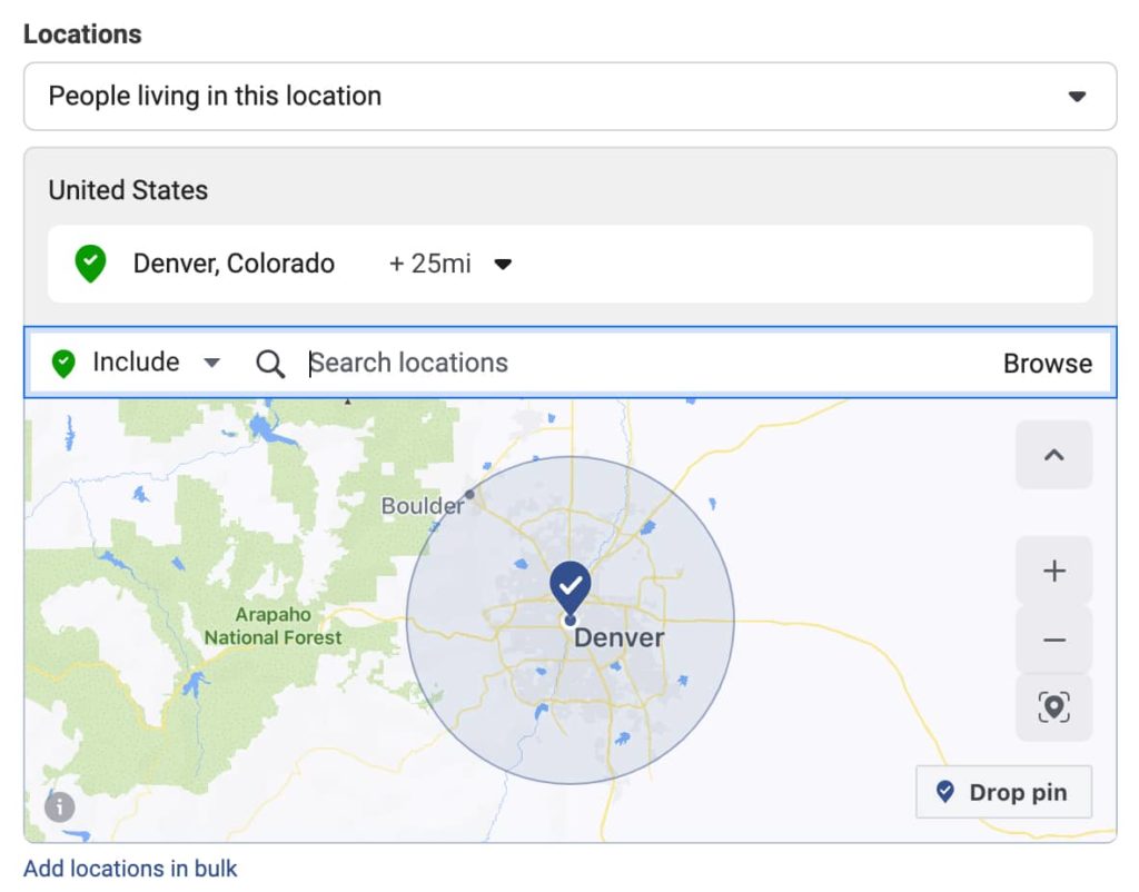 screenshot of ad targeting by location in Facebook