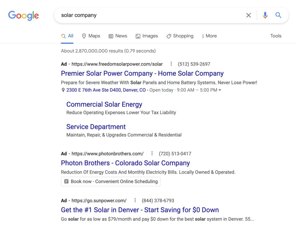 screenshot of text pay-per-click ads on Google search results