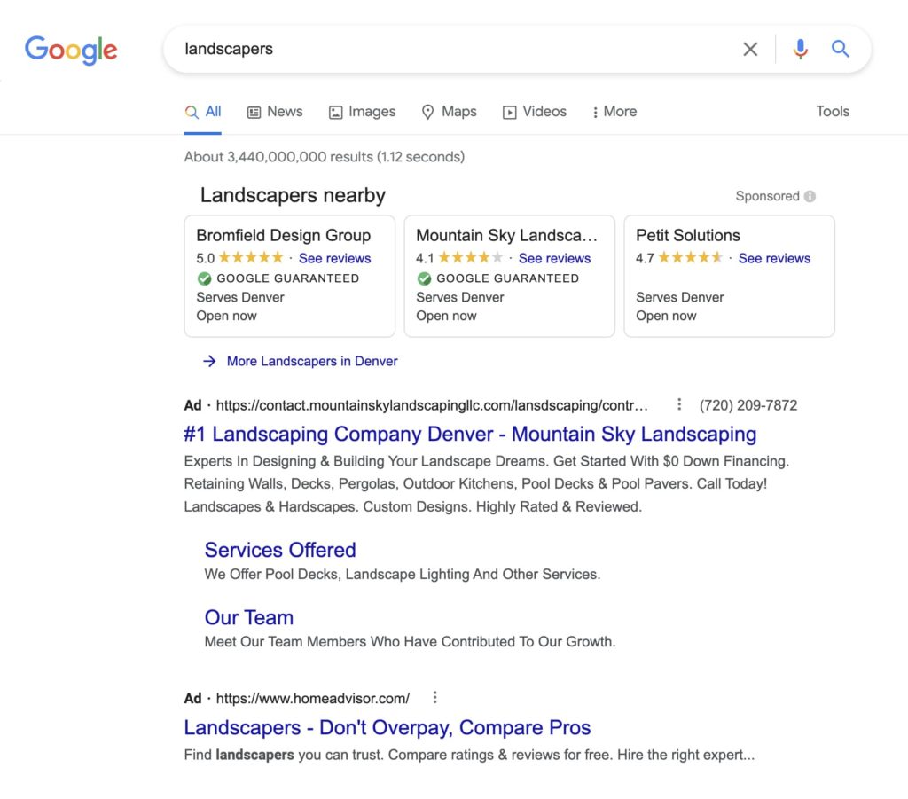 screenshot of Local Services Ads served above PPC ads on Google