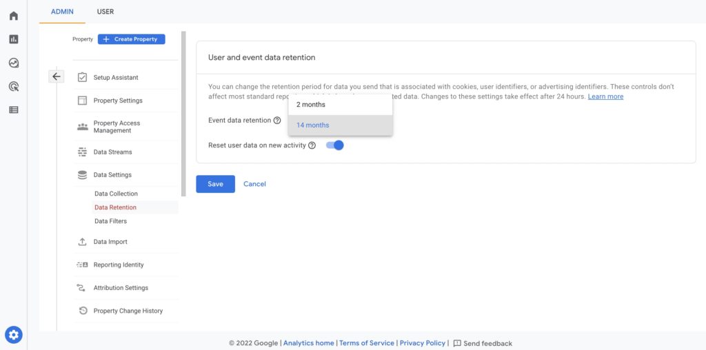 screenshot of how to adjust user and event data retention in Google Analytics 4