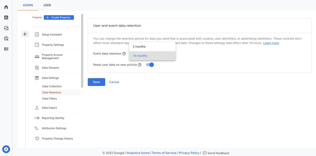 screenshot of how to adjust user and event data retention in Google Analytics 4 | Twelve Three Media