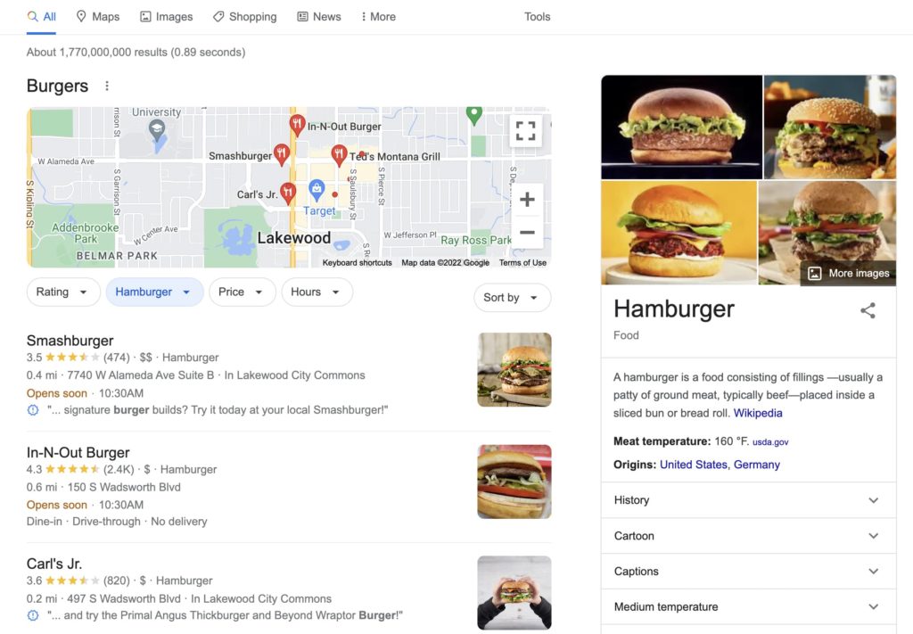 screenshot of Google Maps search results for 'burgers'