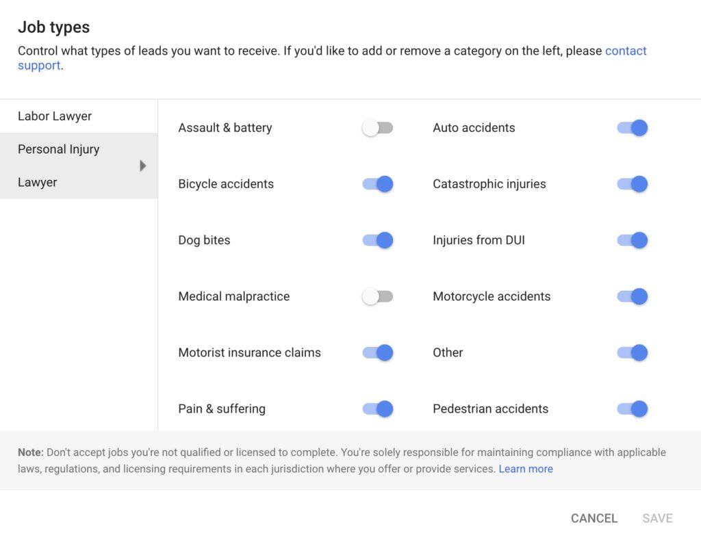 screenshot of 'job types' in Google Local Services Ads for a personal injury lawyer