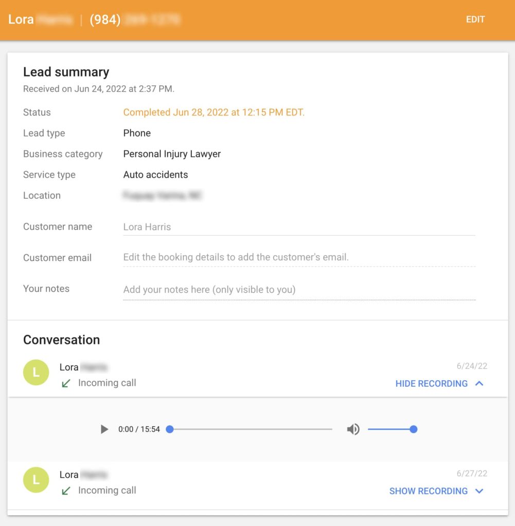lead summary screenshot in Google Local Services Ads