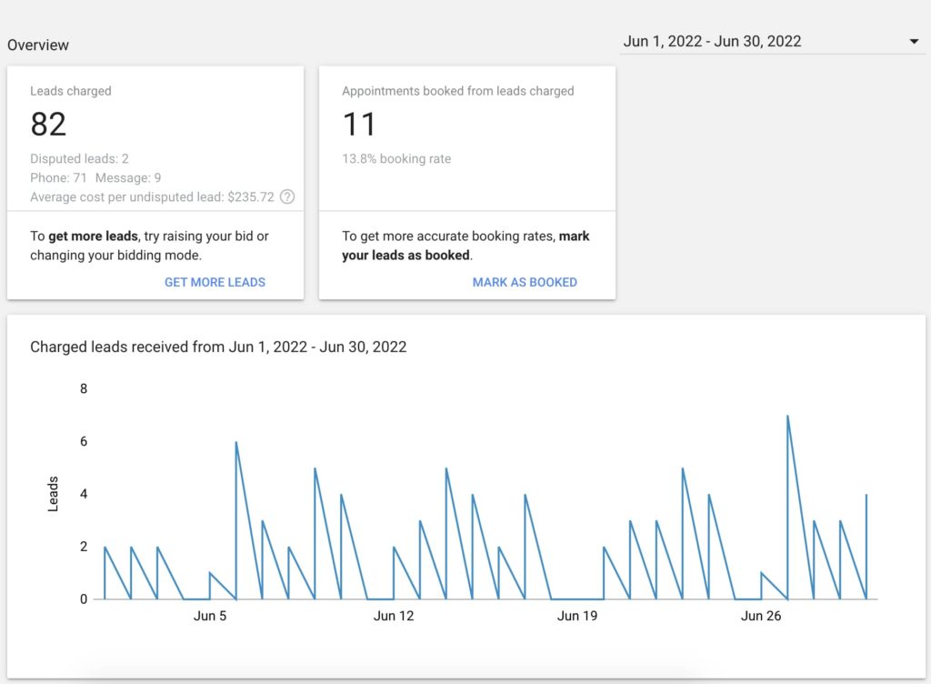 line graph showing an overview of leads in Google Local Services Ads