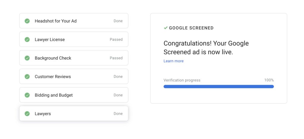 screenshot of a Google Screened confirmation message in Google Local Services Ads