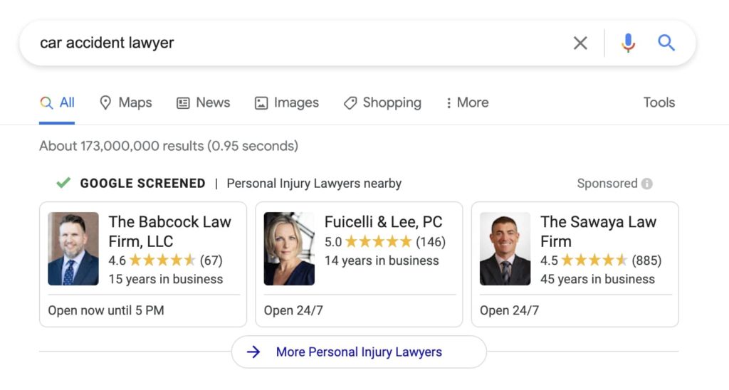 screenshot of Google Local Services Ads with reviews for the search term 'car accident lawyer'