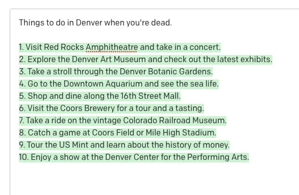 screenshot of ChatGPT content for query 'Things to do in Denver when you're dead'