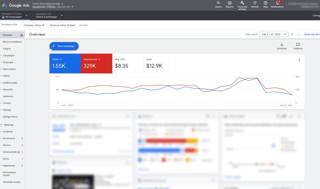 Screenshot of Google Ads account showing monthly campaign activity and cost | Twelve Three Media