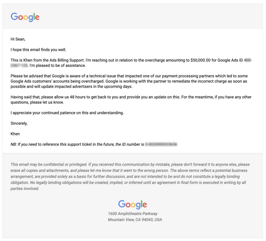 Screenshot of unhelpful Google support ticket email | Twelve Three Media