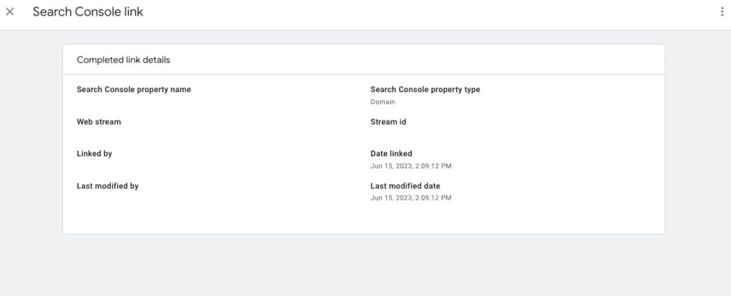 Screenshot of completed Search Console link details in Google Analytics 4