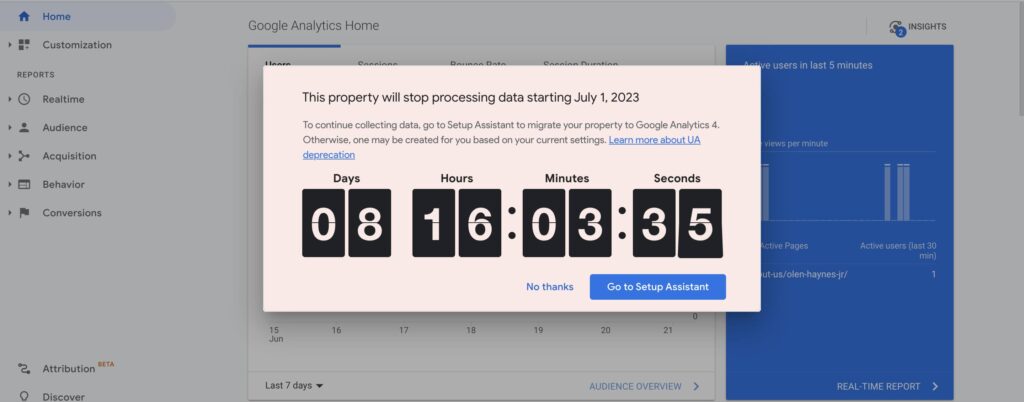 Screenshot of Google Analytics warning message 'This property will stop processing data starting July 1, 2023' | Twelve Three Media