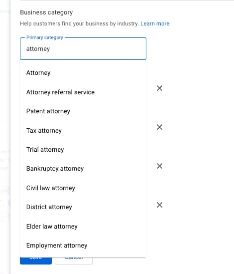 Screenshot of business category field with suggestions for attorneys and law firms in Google Business Profile | Twelve Three Media