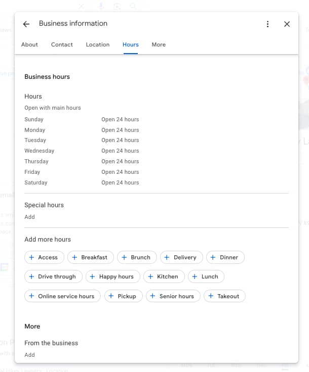 Screenshot of business hours in Google Business Profile | Twelve Three Media