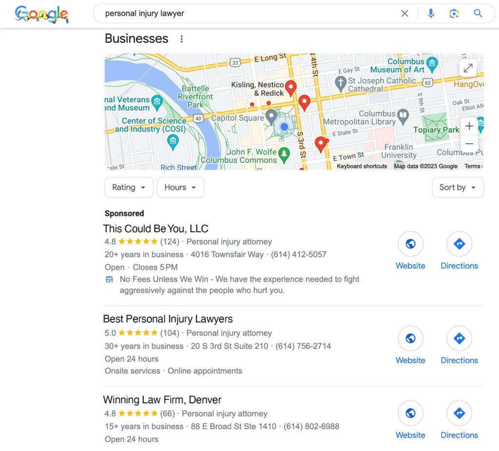 Screenshot of Google Business Profile listings for the keyword 'personal injury lawyer' | Twelve Three Media