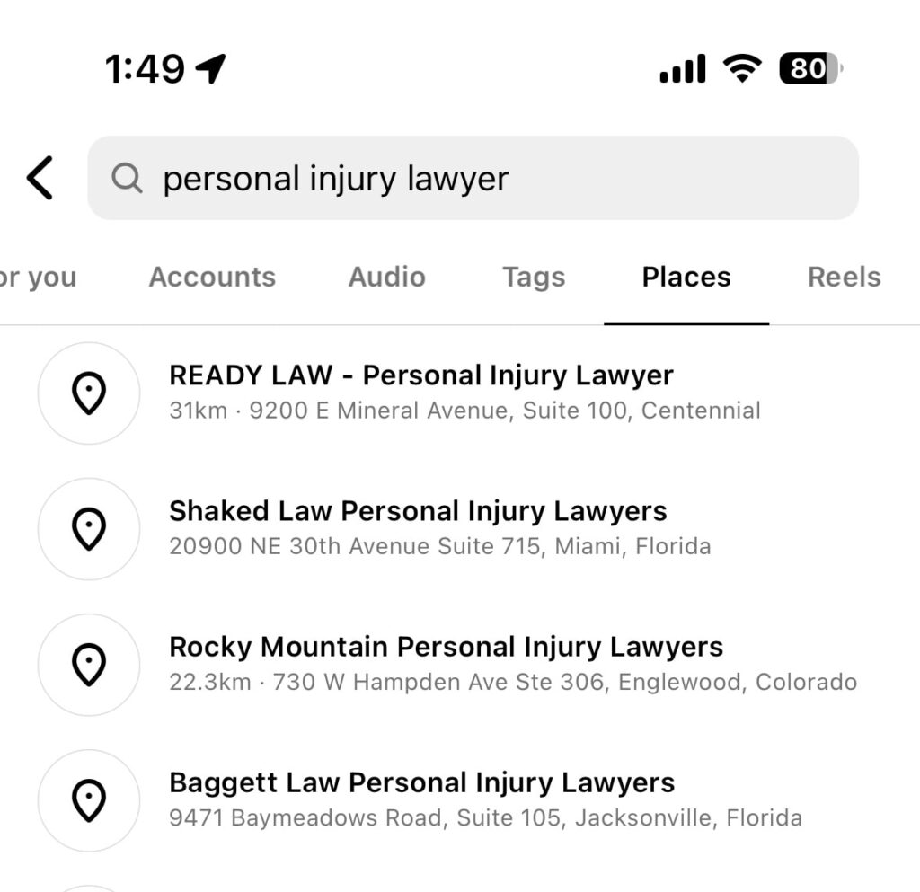 Screenshot of search for 'personal injury lawyer' on TikTok | Twelve Three Media