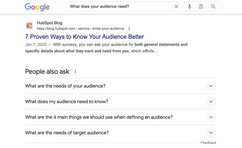 Google search results for the query 'What does your audience need' with People Also Ask section | Twelve Three Media