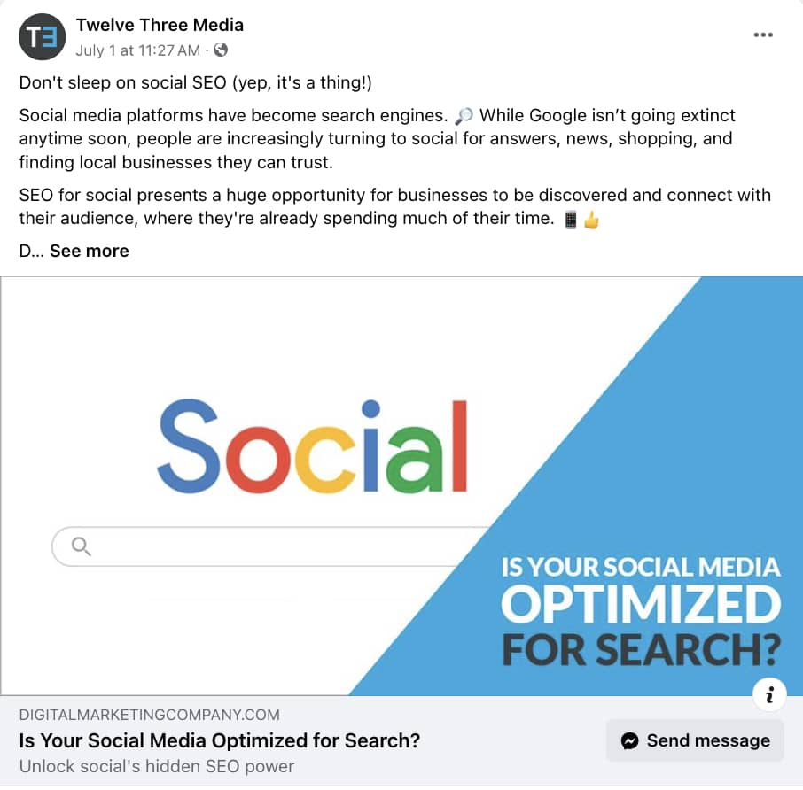 Social media post promoting Twelve Three Media blog content