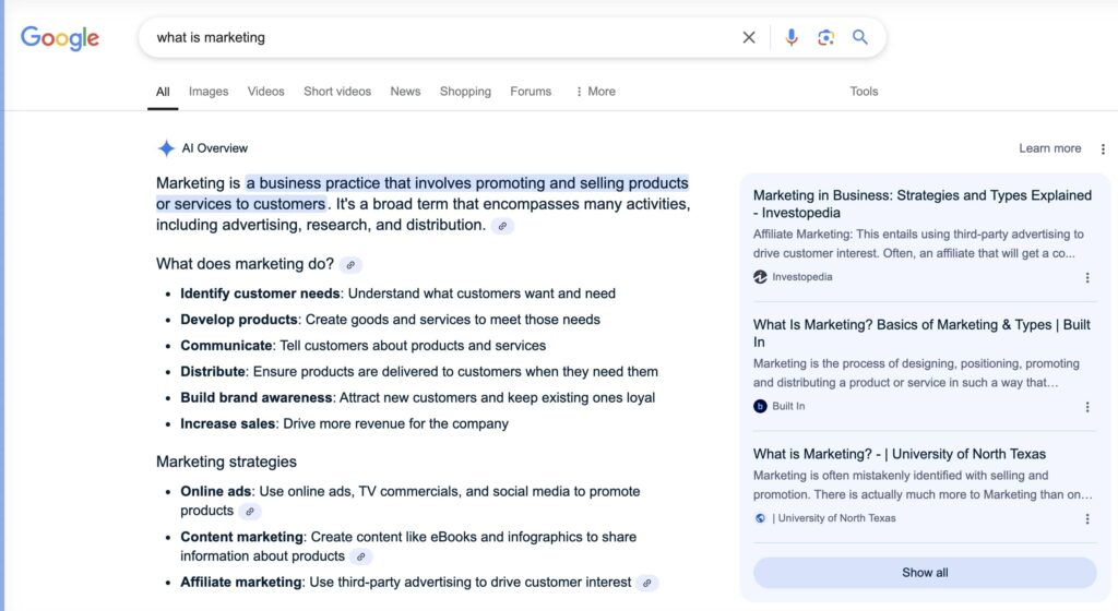 Screenshot of Google AI overview result for 'What is marketing?' | Twelve Three Media