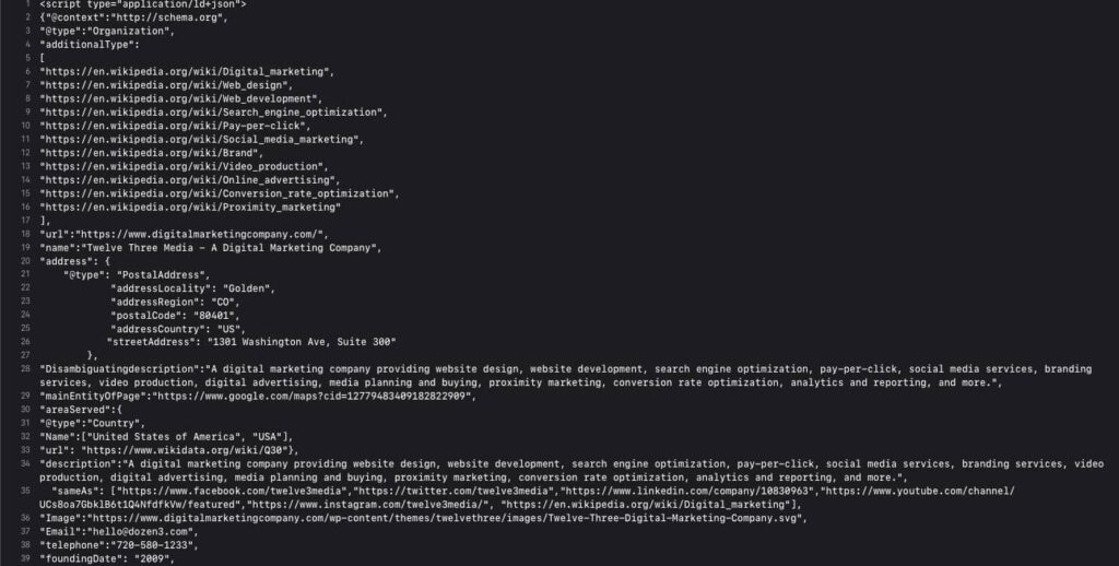 Screenshot of structured data markup on webpage | Twelve Three Media