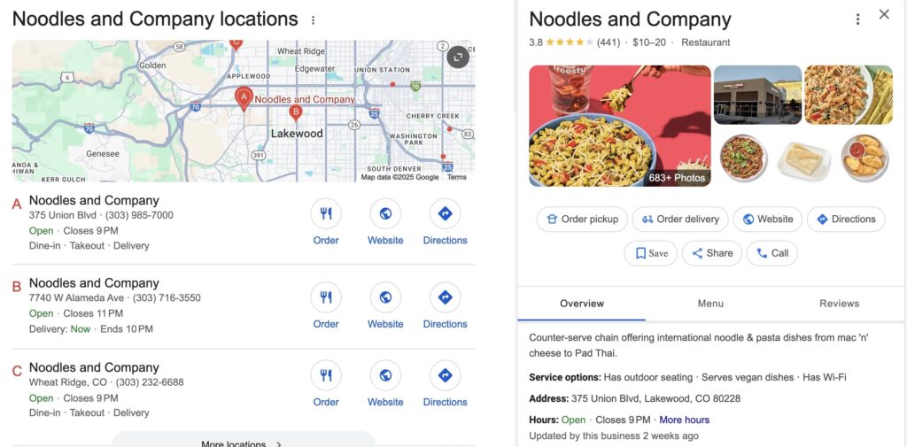 Example of brand consistency in NAP data for Google Local Pack and Google Business Profile listings