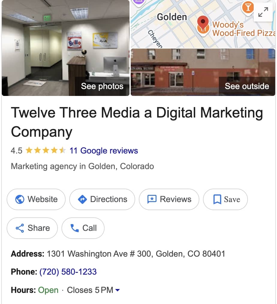 NAP information on the Twelve Three Media Google Business Profile listing