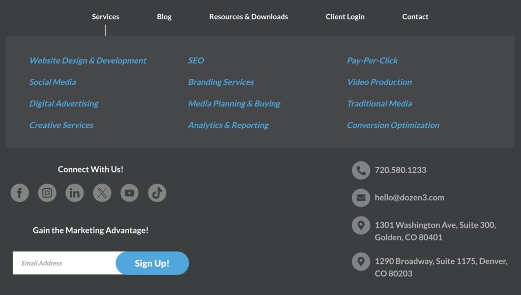 NAP information in the Twelve Three Media website footer